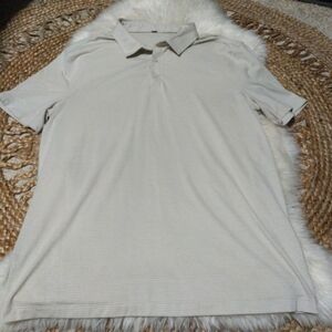 Lululemon Evolution Polo Shirt Mens size  Medium Beige Gray Striped Performance